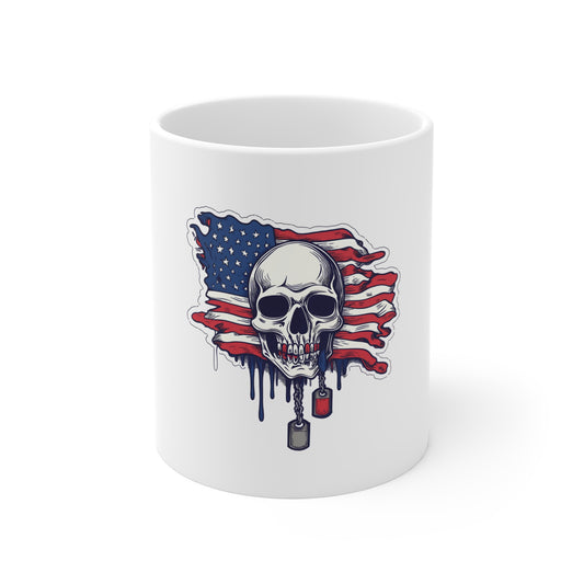 American Skull Flag Mug – Patriotic Skull with Dog Tags 11oz