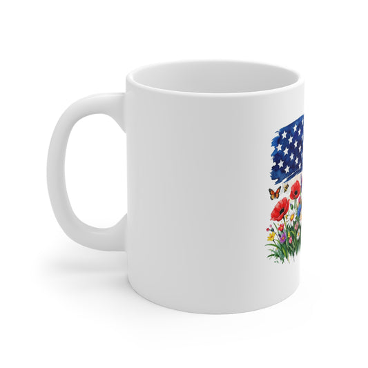 American Flag Floral Mug — Patriotic Garden 11oz Coffee Cup