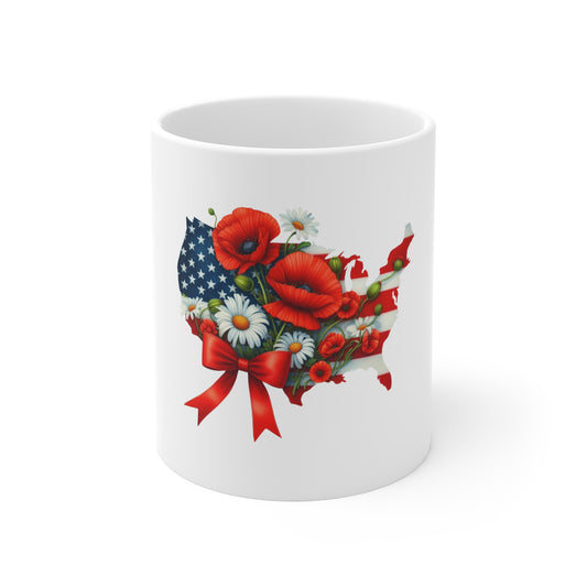Patriotic USA Map Mug with Poppies & Daisies – 11 oz Memorial Day / Fourth of July Gift