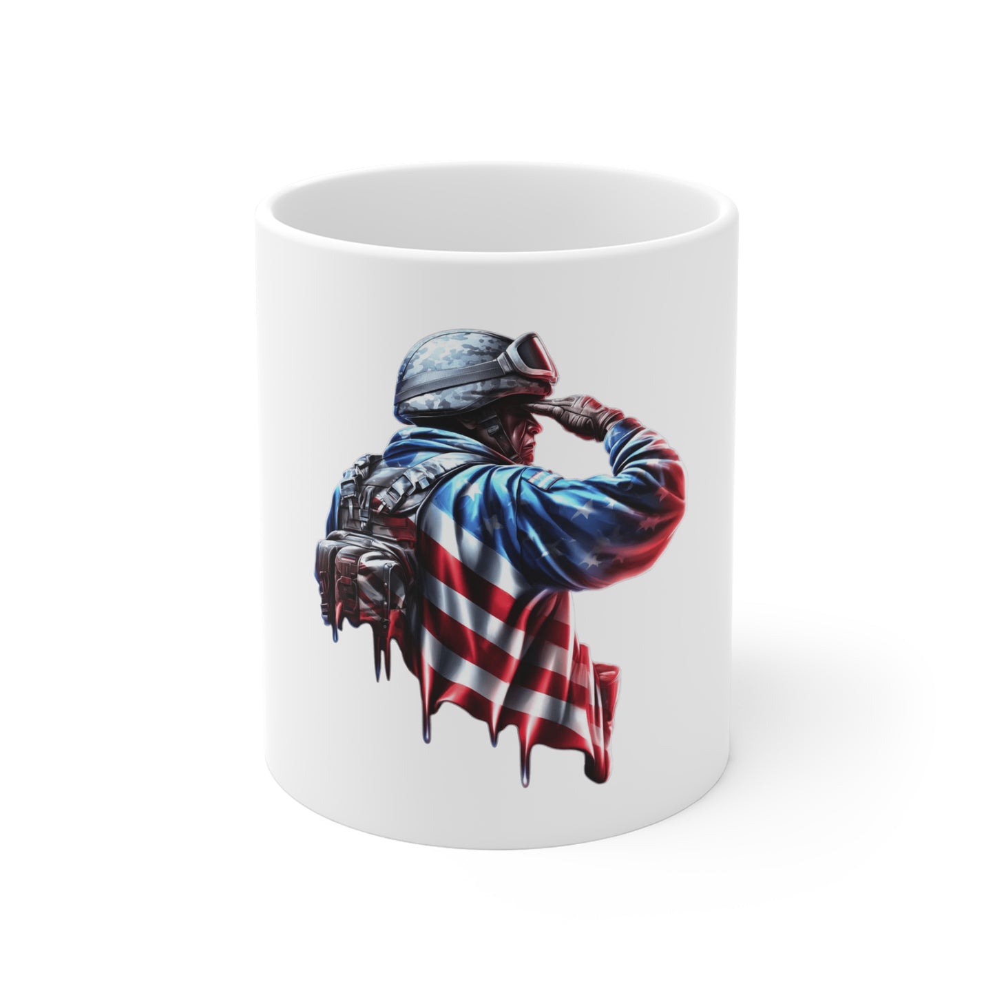 Patriotic Soldier Salute Coffee Mug – American Flag Military Tribute Mug – USA Veteran Honor Mug 11oz