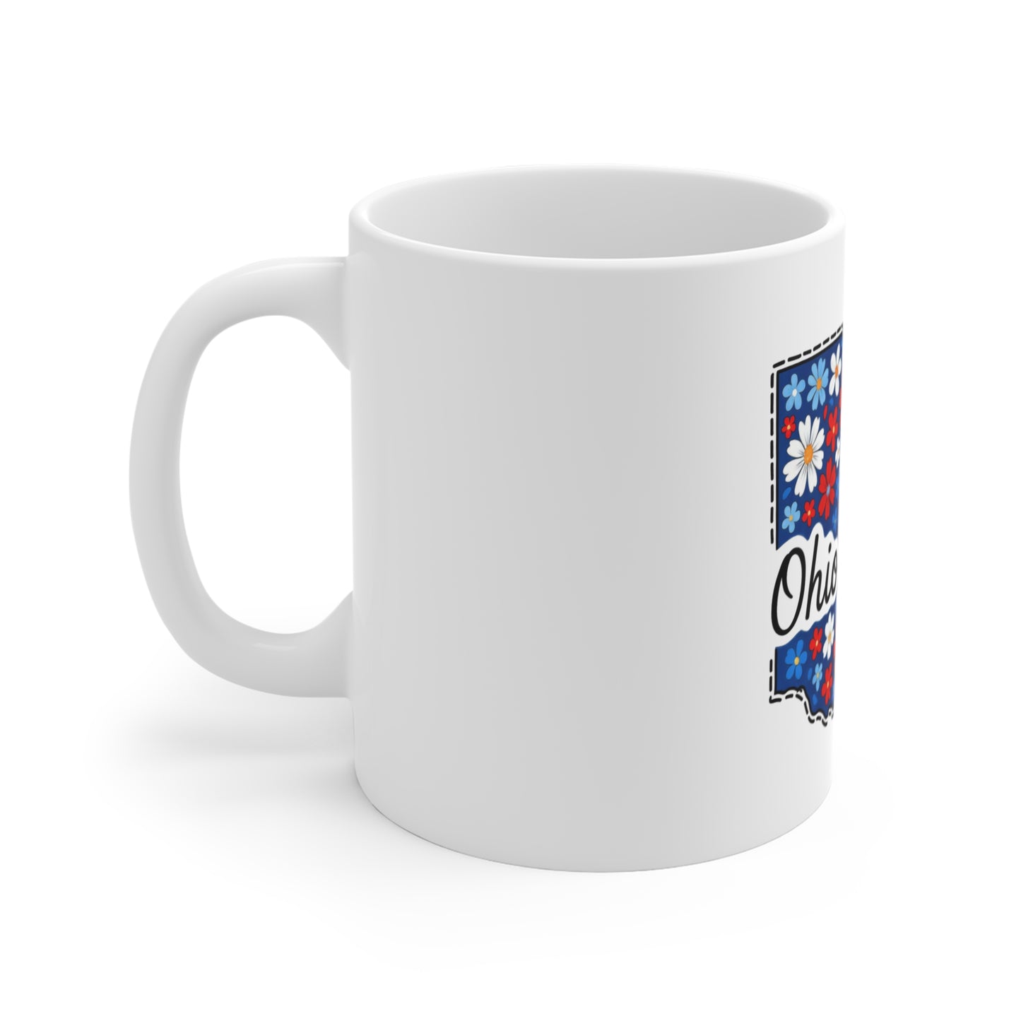 Ohio Floral State Map Coffee Mug – 11oz Patriotic Red & Blue Daisy Design