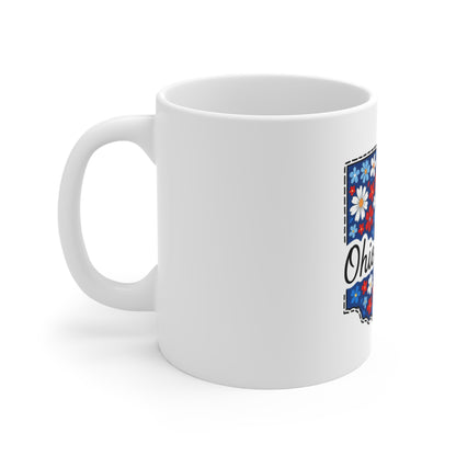 Ohio Floral State Map Coffee Mug – 11oz Patriotic Red & Blue Daisy Design