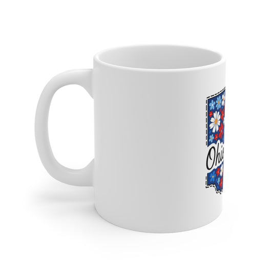 Ohio Floral State Map Coffee Mug – 11oz Patriotic Red & Blue Daisy Design