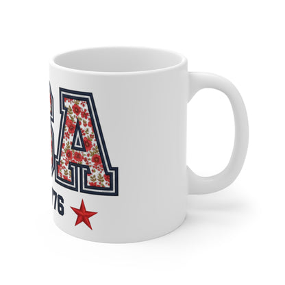 USA Est 1776 Patriotic Floral Coffee Mug – Red White Blue Flower Mug – Vintage Americana Botanical Cup – Elegant 4th of July Gift Mug 11oz