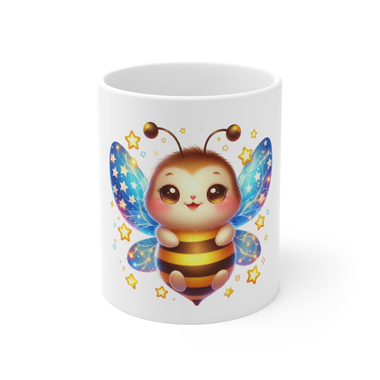 Cute Patriotic Bee Coffee Mug – Kawaii Starry Bumblebee Mug – Red White Blue Glow Wings Cup – Adorable USA Gift Mug 11oz