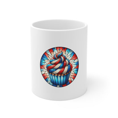 Stained Glass Patriotic Cupcake Mug – Red White Blue Dessert Coffee Mug – Fourth of July Sweet Treat Art Cup – Americana Gift Mug 11oz