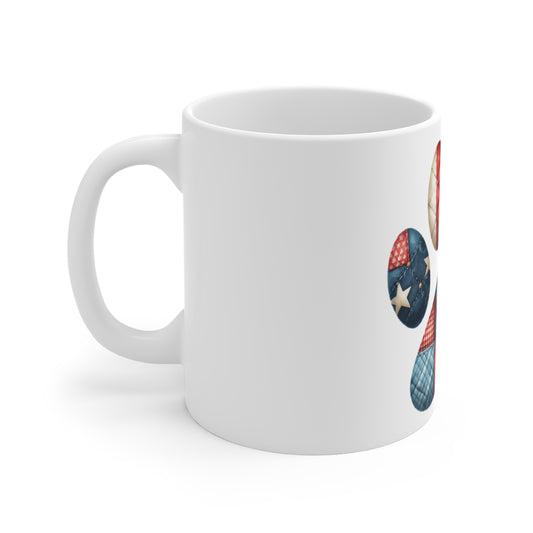 Patriotic Quilt Star Dog Paw Coffee Mug – Americana Patchwork Paw Print Mug – Red White Blue Dog Lover Mug – USA Pet Gift Cup Patriotic Paw Print Mug — American Flag Dog Lover 11oz Coffee Cup