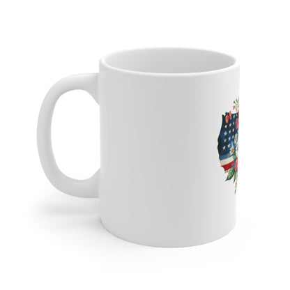 Patriotic USA Floral Map Mug — 11oz American Flag with Roses & Daisies