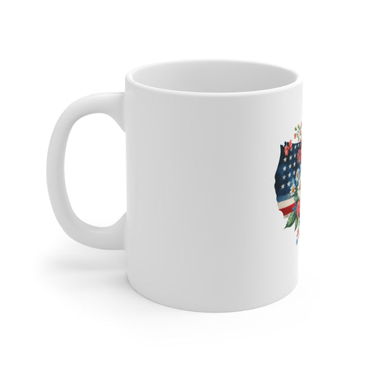 Patriotic USA Floral Map Mug — 11oz American Flag with Roses & Daisies