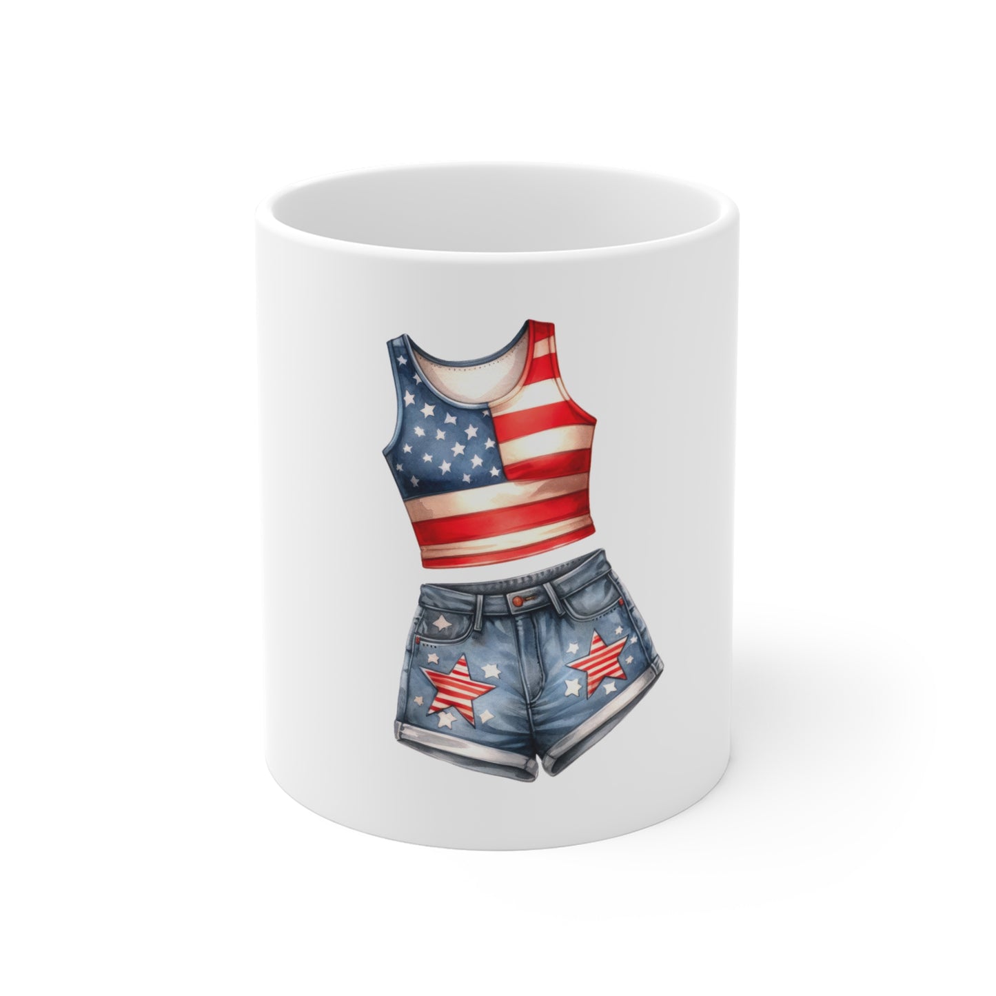 Patriotic Tank & Denim Shorts Mug — 11oz Fourth of July Coffee Cup