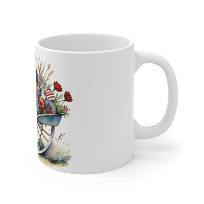 Patriotic Wagon Garden Mug – Americana Watercolor Floral Coffee Cup – Rustic USA Flag Farmhouse Mug 11oz