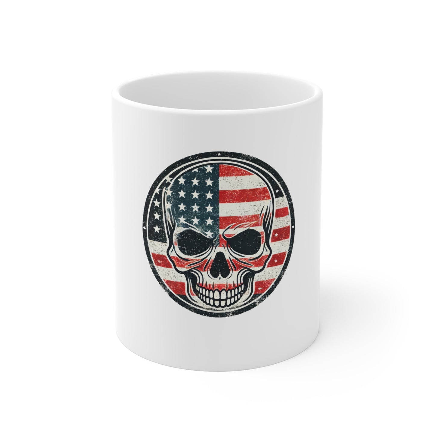 American Flag Skull Mug — Patriotic Skull Coffee Cup (11oz)