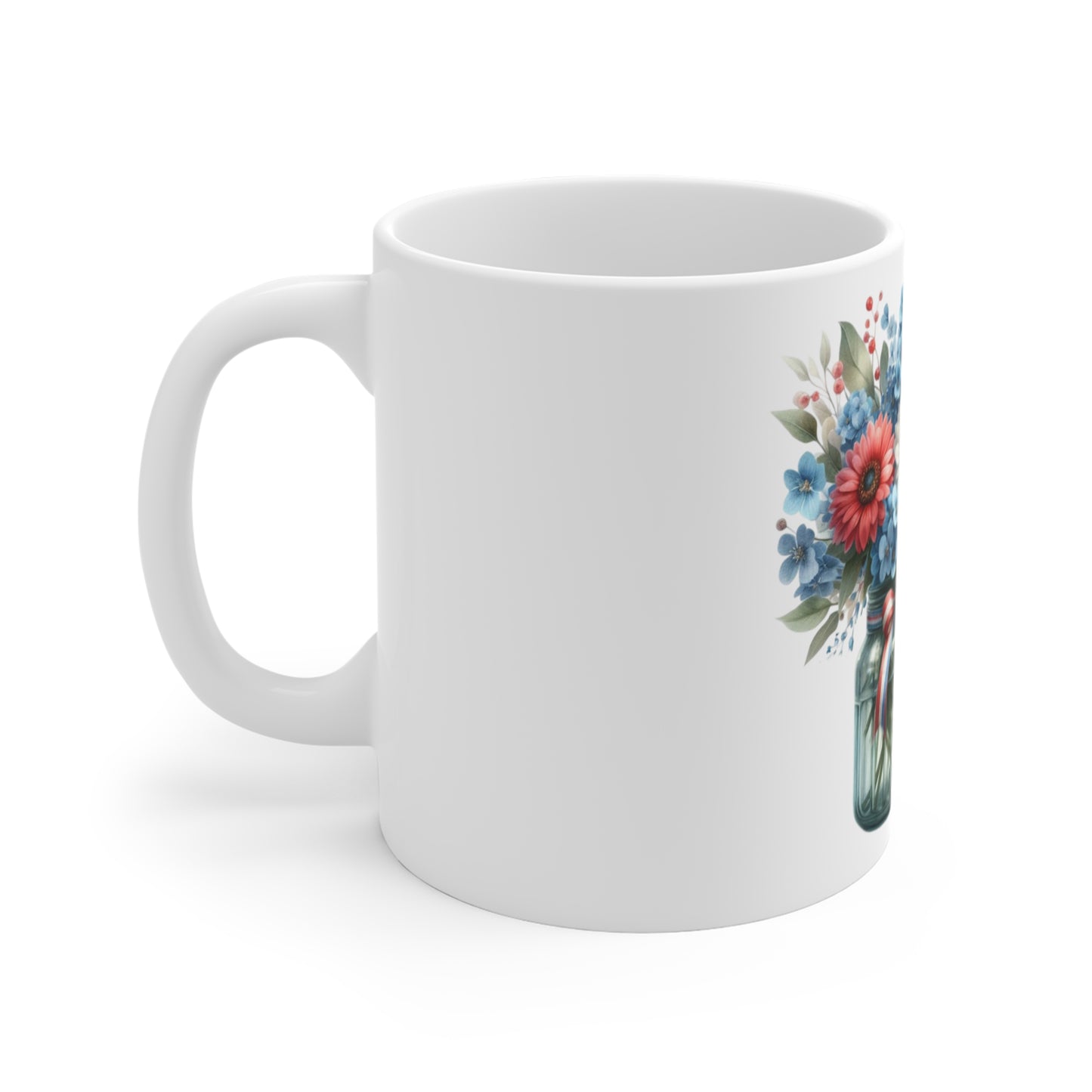 Patriotic Ribbon Floral Mason Jar Coffee Mug – Red White Blue Wildflower Mug – Americana Bouquet Cup – Rustic Farmhouse Gift Mug Patriotic Mason Jar Floral Mug — 11oz Red, White & Blue Bouquet Coffee...