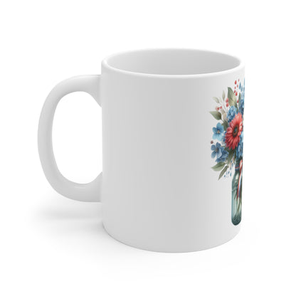 Patriotic Ribbon Floral Mason Jar Coffee Mug – Red White Blue Wildflower Mug – Americana Bouquet Cup – Rustic Farmhouse Gift Mug Patriotic Mason Jar Floral Mug — 11oz Red, White & Blue Bouquet Coffee...