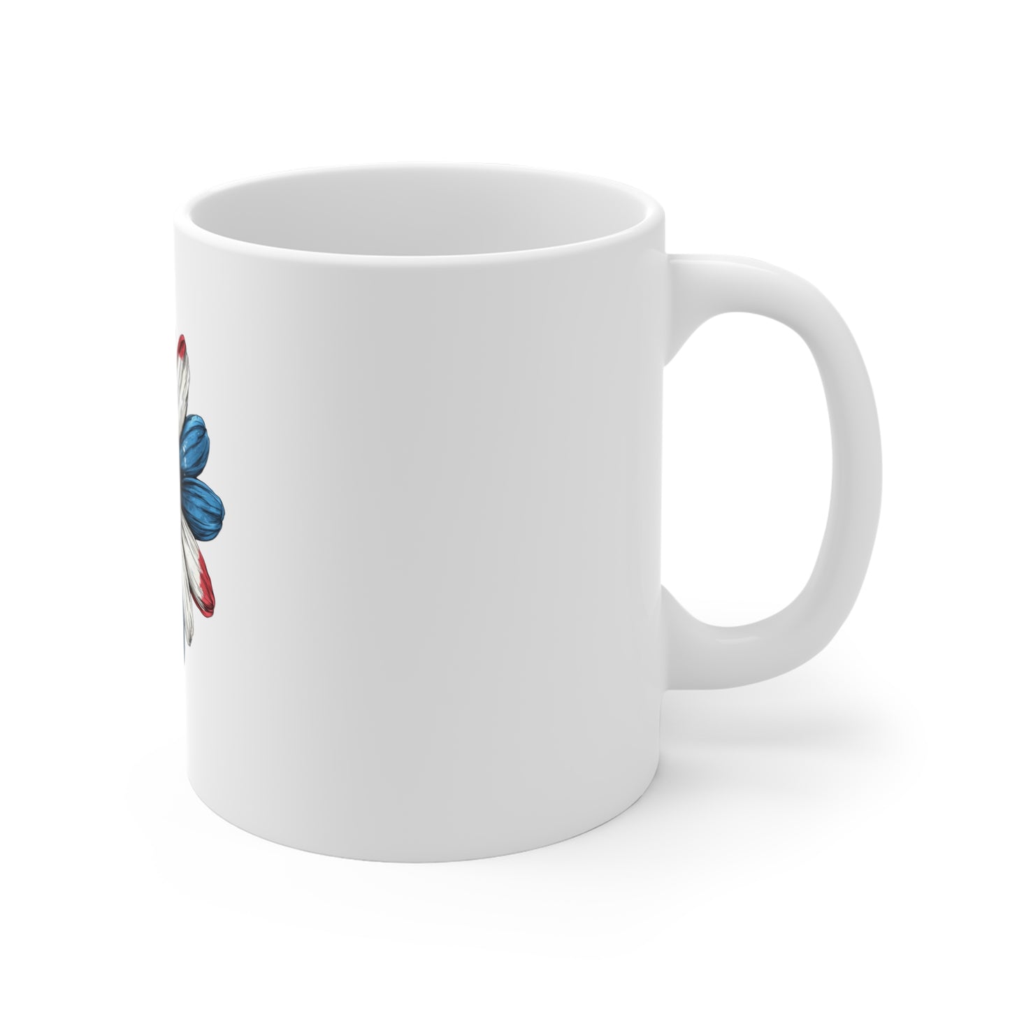 Patriotic Daisy Coffee Mug — Red White & Blue Floral 11oz Ceramic