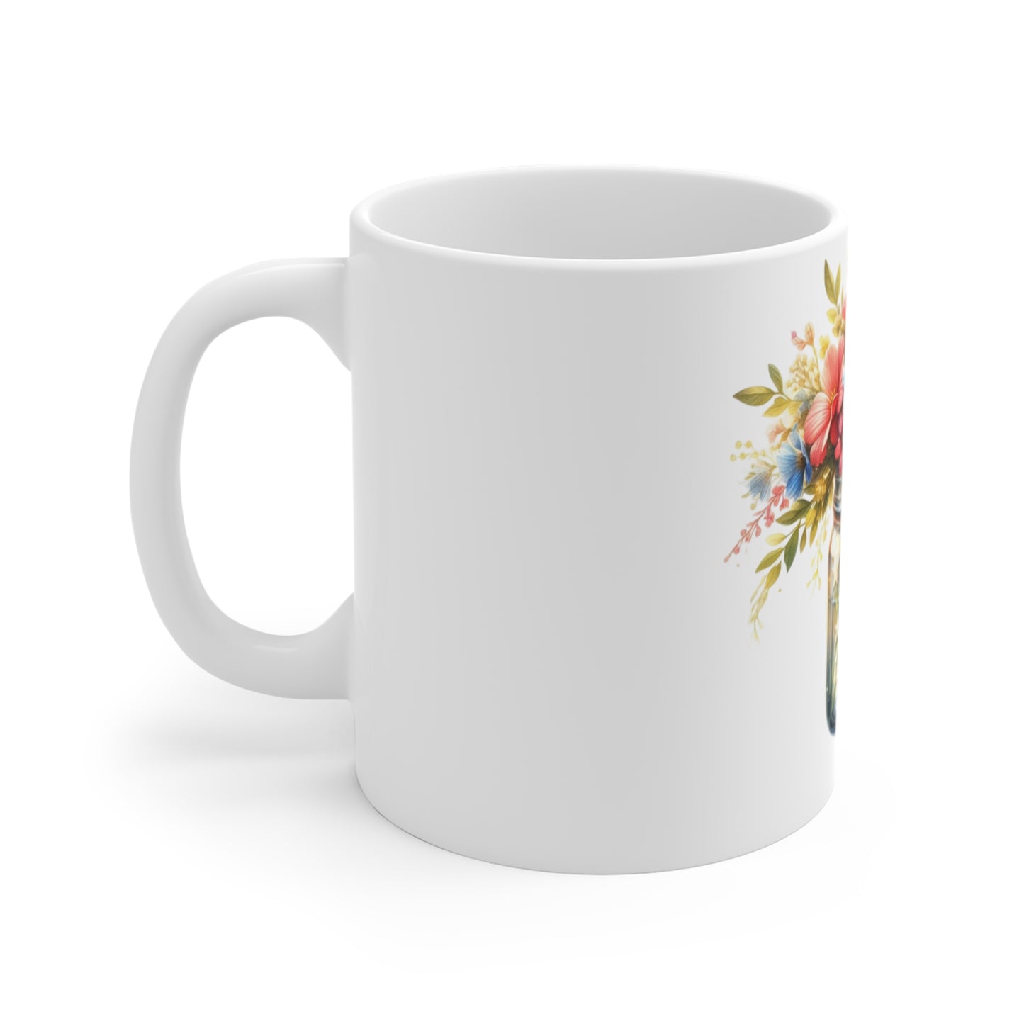 Pastel Patriotic Floral Mason Jar Coffee Mug – Soft Red White Blue Flower Mug – Americana Star Jar Cup – Elegant Summer Floral Mug 11oz Floral Mason Jar Mug – Patriotic Stars & Wildflower Bouquet...