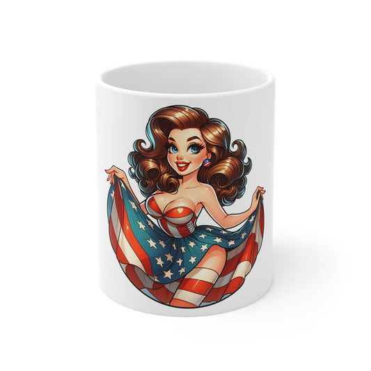 Americana Pin-Up Girl Coffee Mug – Vintage Patriotic Woman Mug – Retro USA Pinup Cup – Red White Blue Bombshell Gift Mug 11oz