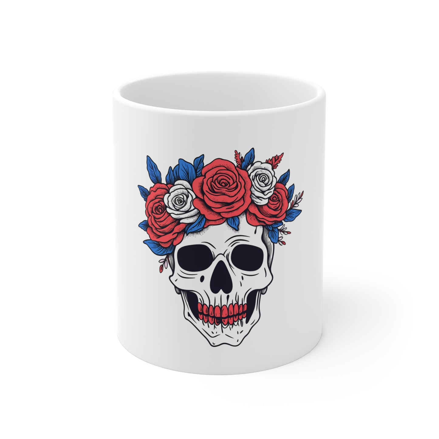 Skull with Red & Blue Rose Crown 11oz Coffee Mug — Gothic Floral Day of the Dead Gift