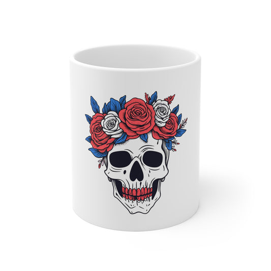 Skull with Red & Blue Rose Crown 11oz Coffee Mug — Gothic Floral Day of the Dead Gift