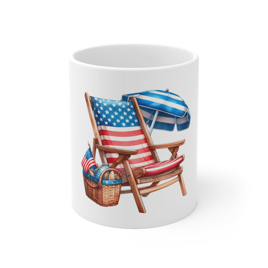 Mug — Patriotic Beach Chair Coffee Mug with American Flag Design