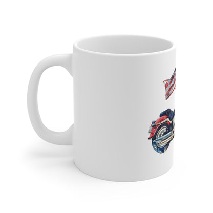 Patriotic Motorcycle with American Flag Mug – USA Biker Coffee Mug – Freedom Rider Flag Bike Cup – Vintage Americana Gift 11oz