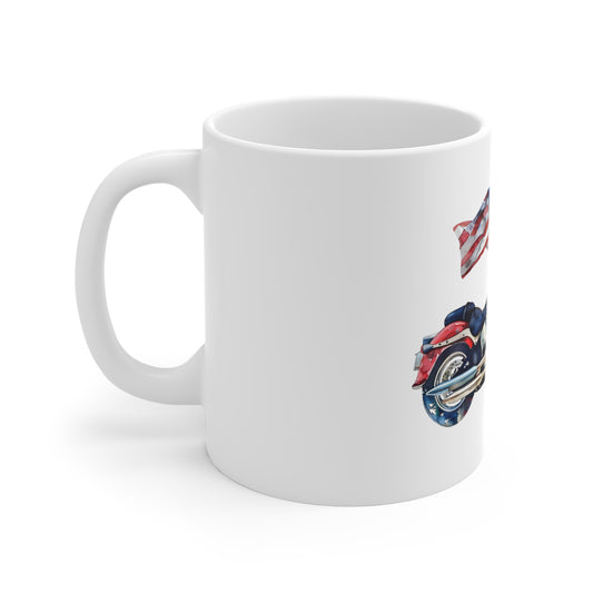 Patriotic Motorcycle with American Flag Mug – USA Biker Coffee Mug – Freedom Rider Flag Bike Cup – Vintage Americana Gift 11oz