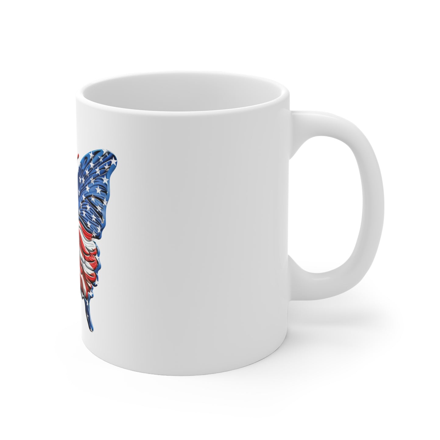 Bold American Flag Butterfly Mug – Vibrant Patriotic Butterfly Coffee Mug – Red White Blue Flowing Wing Design – USA Statement Gift American Flag Butterfly Mug — Patriotic 11oz Coffee Cup