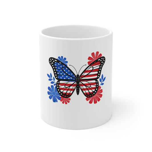 Patriotic Butterfly Coffee Mug — American Flag Red White Blue 11oz