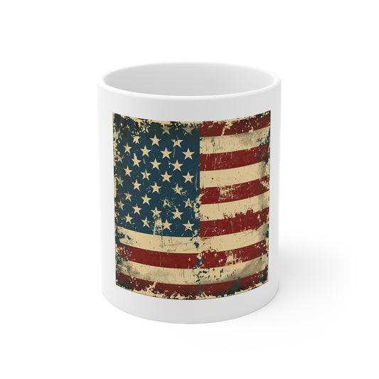 Distressed American Flag Coffee Mug – Grunge Patriotic USA Mug – Vintage Worn Flag 11oz Ceramic Cup – Gift for Veterans & Patriots