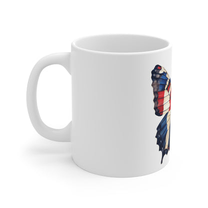 Classic Americana Butterfly Coffee Mug – Bold Red White Blue Wing Mug – Traditional USA Art Cup – Patriotic Gift Mug Mug 11oz
