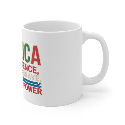 America Patriotic 11oz Coffee Mug — Independence, Freedom & Brave Word Art