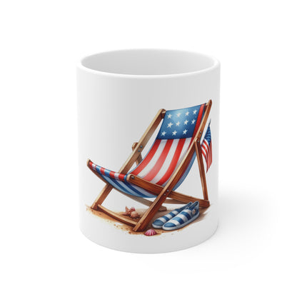 American Beach Chair 11oz Coffee Mug — Patriotic Summer USA Flag Design