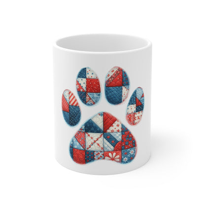 Patriotic Patchwork Dog Paw Coffee Mug – Americana Quilt Mosaic Paw Print Mug – Red White Blue Dog Lover Mug – USA Pet Gift Cup Patriotic Patchwork Paw Mug — 11oz Red White Blue Dog Paw Coffee Cup...
