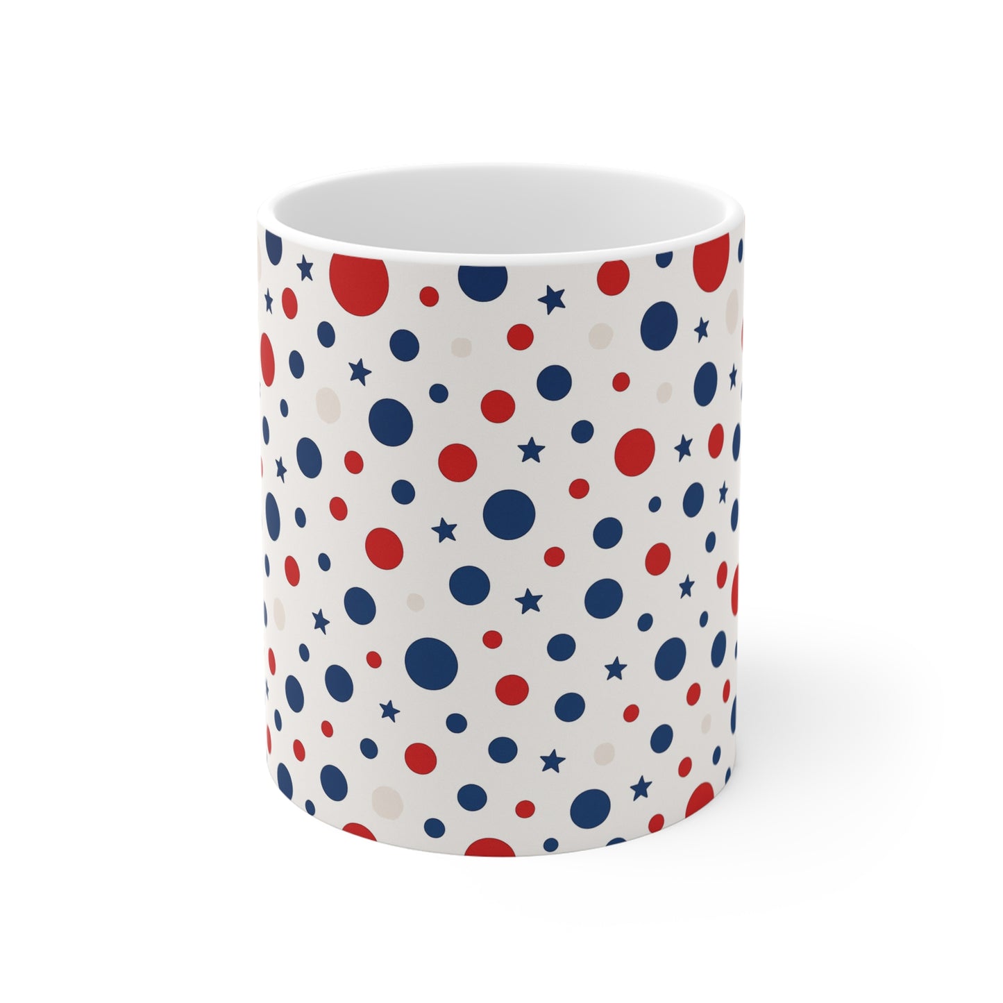 Patriotic Polka Dot Coffee Mug – Red White Blue Star Dot Mug – Minimalist USA Pattern Mug – Cute Americana Gift11oz