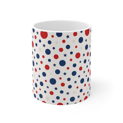 Patriotic Polka Dot Coffee Mug – Red White Blue Star Dot Mug – Minimalist USA Pattern Mug – Cute Americana Gift11oz