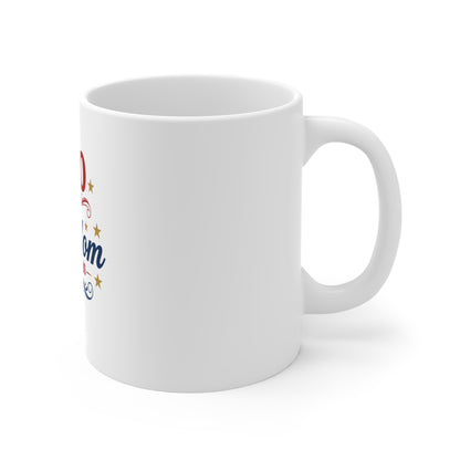 250 Years of Freedom Coffee Mug – 1776–2026 Patriotic Celebration Mug – Elegant Americana Script Cup – Red White Blue USA Gift Mug 11oz