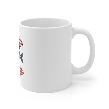 Patriotic Fish Mug — American Flag Fishing Coffee Cup (11oz)