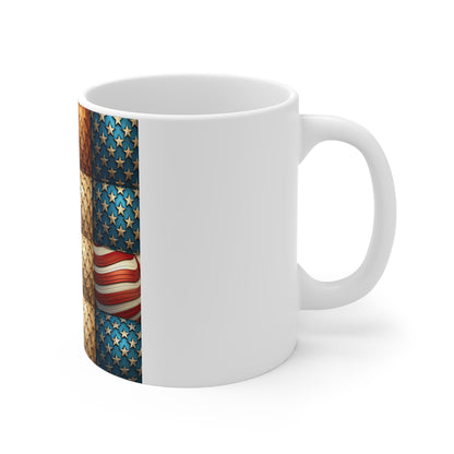 3D Americana Patchwork Coffee Mug – Vintage Patriotic Stars & Stripes Mug – Textured USA Flag Quilt Design – Rustic Red White Blue Mug 11oz