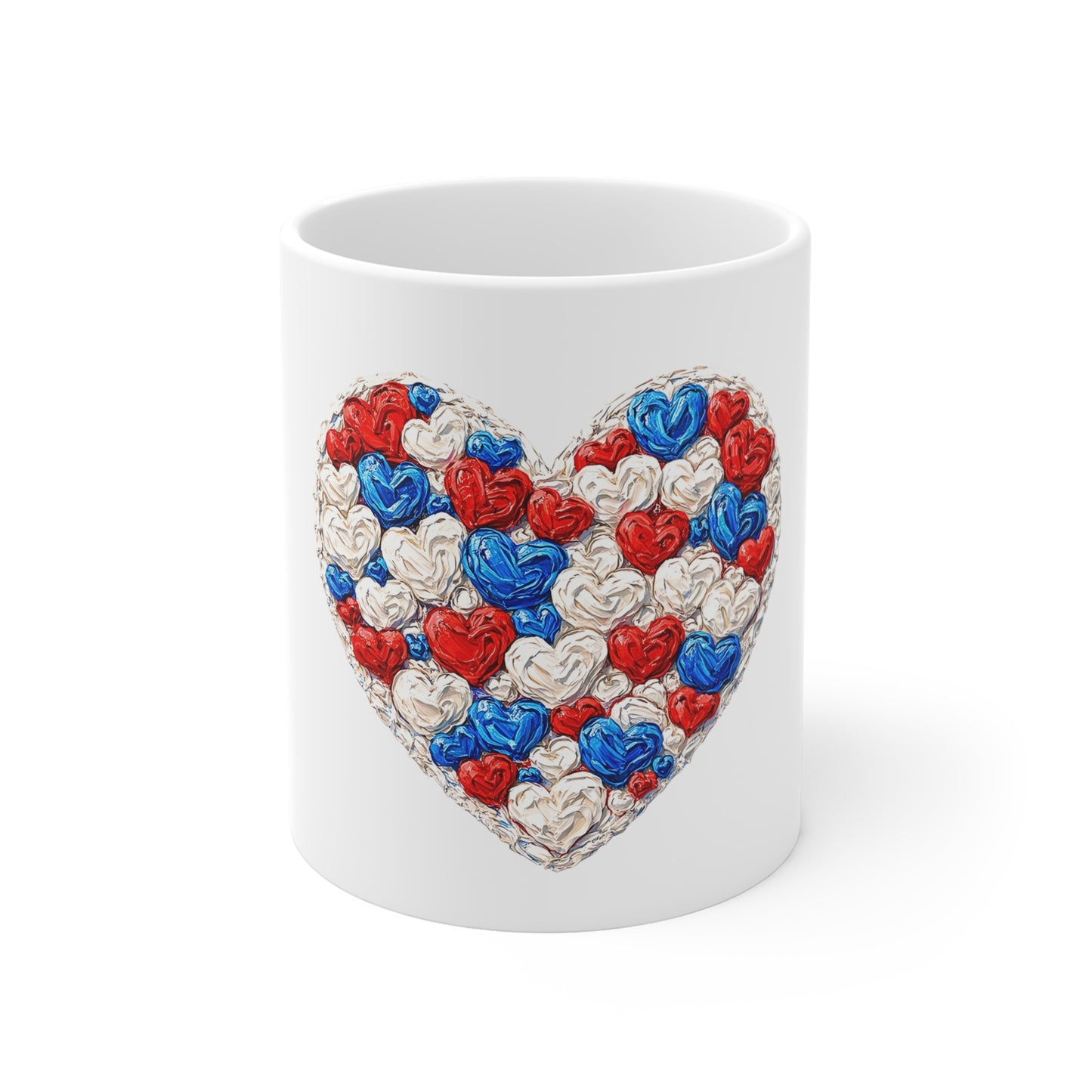 Patriotic Heart Mug — Red White Blue Heart Pattern 11oz Coffee Cup