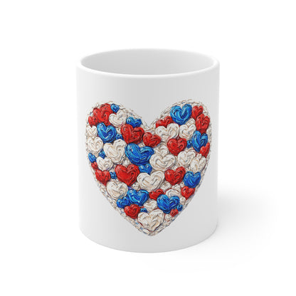 Patriotic Heart Mug — Red White Blue Heart Pattern 11oz Coffee Cup