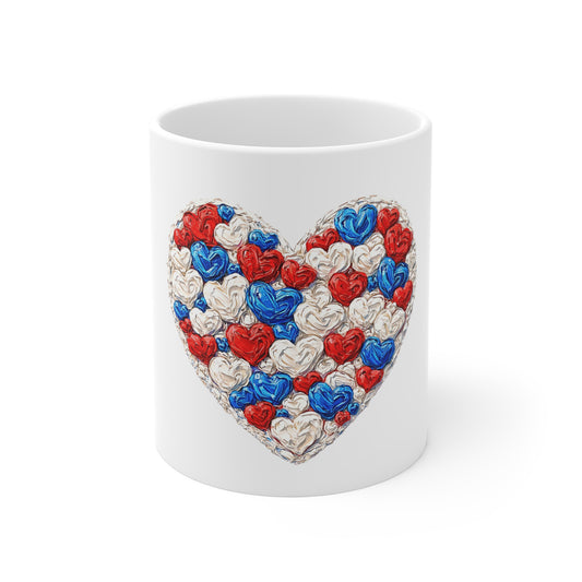 Patriotic Heart Mug — Red White Blue Heart Pattern 11oz Coffee Cup