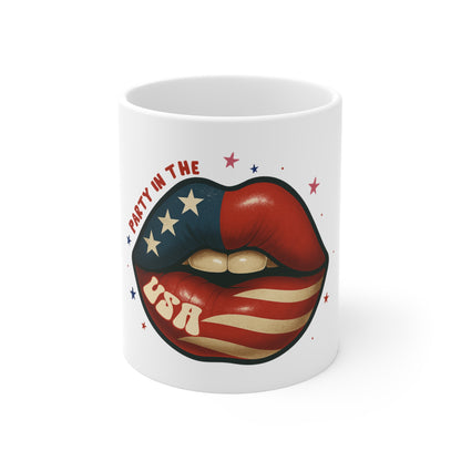 Party in the USA Patriotic Coffee Mug – Vintage Americana Badge Mug – Retro 4th of July Cup – Classic American Pride Gift Mug 11oz