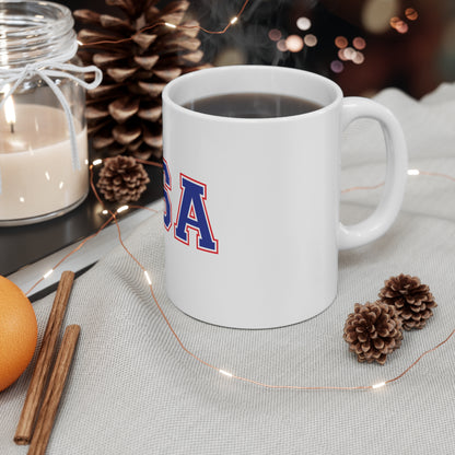 USA Varsity Red White Blue Mug – Classic Americana Letter Coffee Mug – Bold Patriotic USA Cup – Collegiate Style USA Mug 11oz