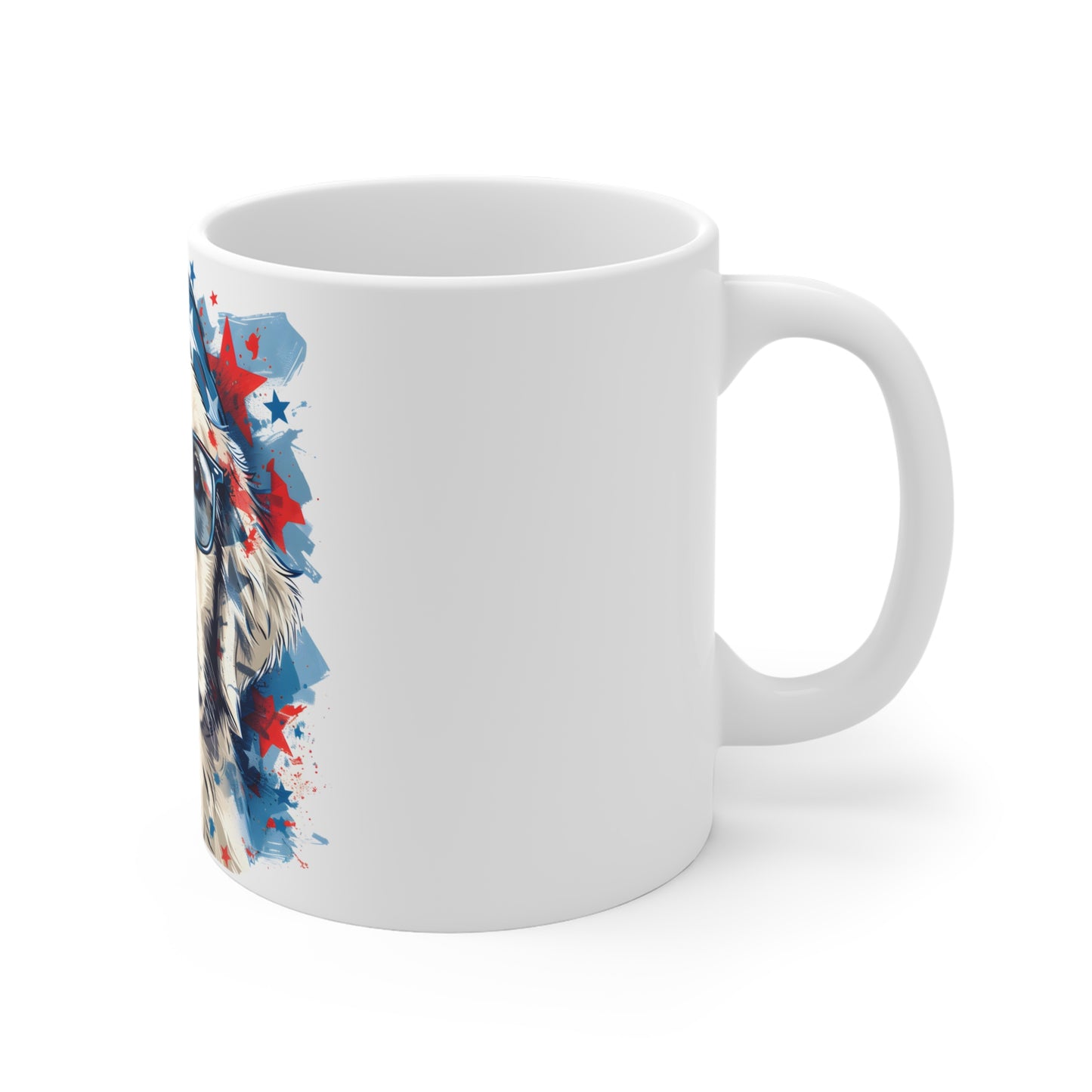 Patriotic Golden Retriever Coffee Mug – USA Dog with Glasses Mug – Americana Puppy Art Cup – Fun 4th of July Gift Mug 11oz