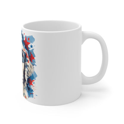 Patriotic Golden Retriever Coffee Mug – USA Dog with Glasses Mug – Americana Puppy Art Cup – Fun 4th of July Gift Mug 11oz