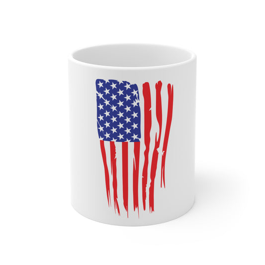 Dripping American Flag Coffee Mug – Distressed Vertical USA Flag Mug – Bold Patriotic Cup – Red White Blue Gift Mug 11oz