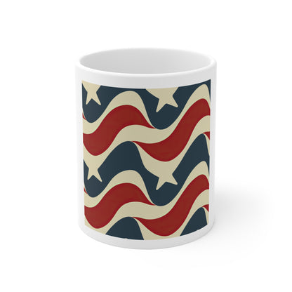 Bold Americana Wave Coffee Mug – Patriotic Retro Wave Mug – Red White Blue Flow Pattern Cup – Modern USA Stripe Wave Mug American Flag Wave 11oz Coffee Mug — Vintage Stars & Stripes Patriotic Ceramic...