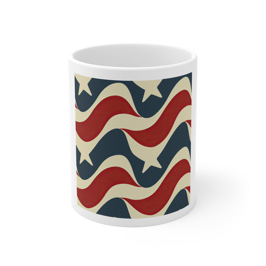 Bold Americana Wave Coffee Mug – Patriotic Retro Wave Mug – Red White Blue Flow Pattern Cup – Modern USA Stripe Wave Mug American Flag Wave 11oz Coffee Mug — Vintage Stars & Stripes Patriotic Ceramic...