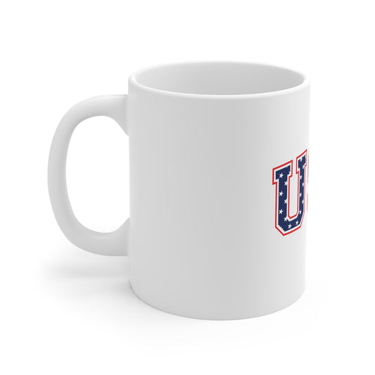 USA Stars Varsity Mug – Patriotic Star Pattern Coffee Mug – Red White Blue USA Letter Cup – Classic Americana Gift Mug 11oz
