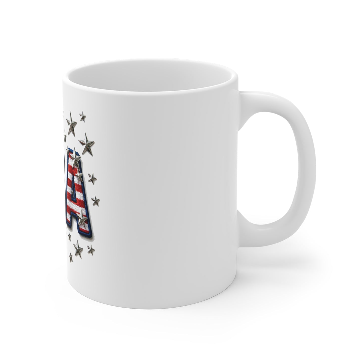 USA Embroidered Patch Style Coffee Mug – Patriotic Stars & Stripes Mug – Vintage Americana Texture Cup – Bold USA Pride Gift 11oz